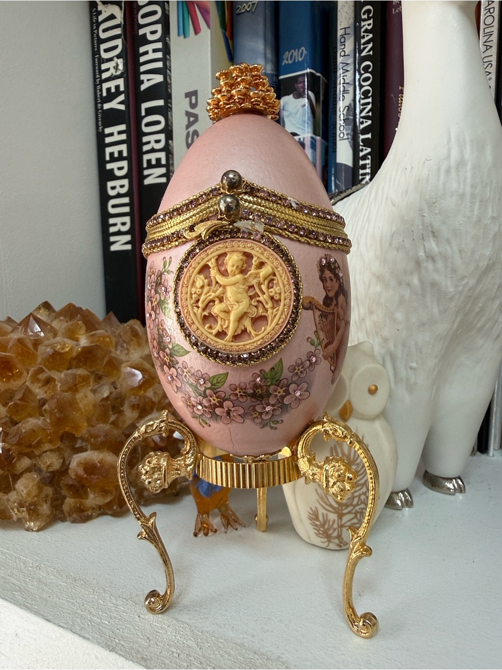 Decorative Pink Velvet Lined Trinket Box with Gold Accents